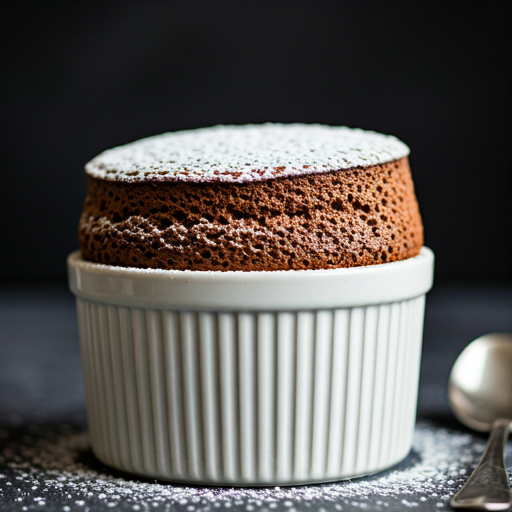 Risen chocolate soufflé dusted with cocoa powder, served with a side of crème anglaise