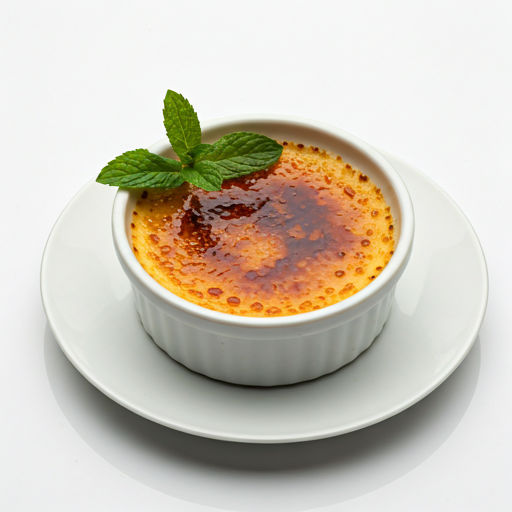 Classic crème brûlée with caramelized sugar crust, served in a ramekin with fresh vanilla pod