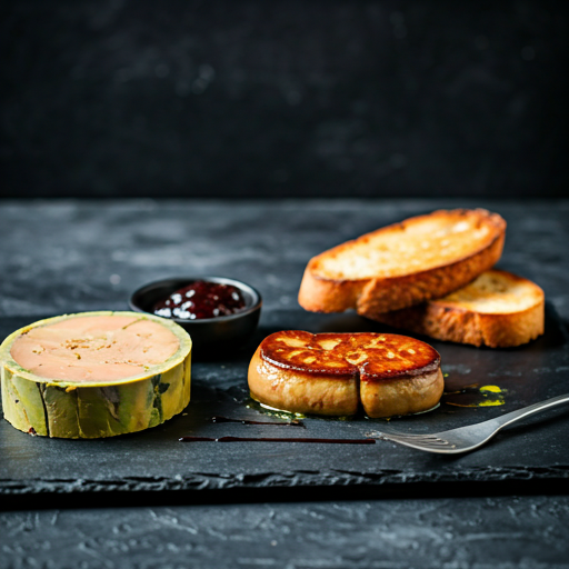 Gourmet foie gras torchon served with toasted brioche and fig jam on a rustic slate board